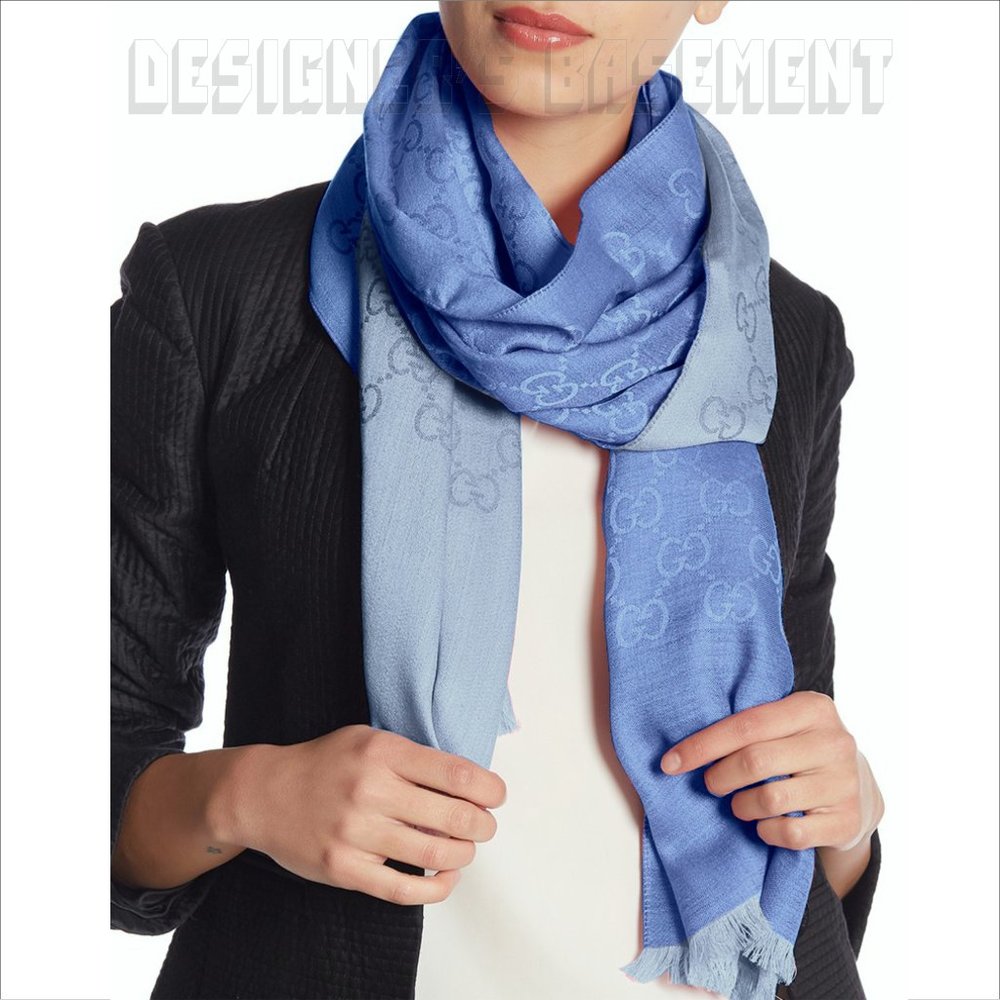 GUCCI Blue & Periwinkle GGNAT wool & silk 18"x70" shawl Pashmina scarf NWT - Picture 2 of 10